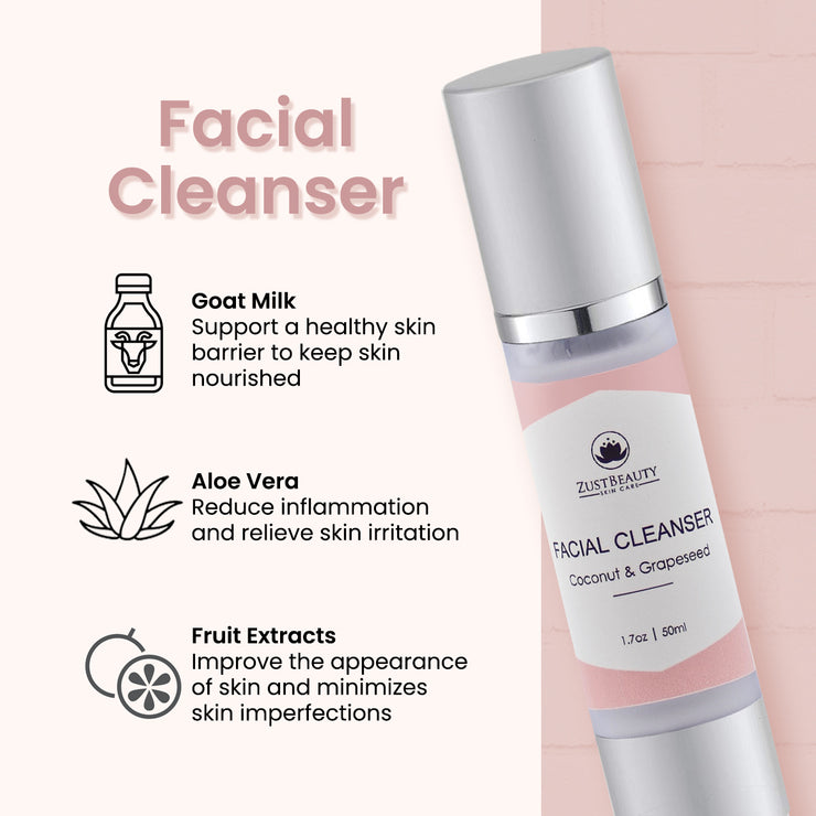 Zustbeauty's Coconut & Grapeseed Facial Cleanser has key ingredients such as goat milk to keep skin nourished, aloe vera to relieve skin irritation and fruit extracts to improve the appearance of skin.